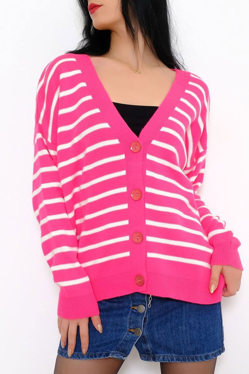 Buttoned Shabby Cardigan Pink-White - 1050.1577.